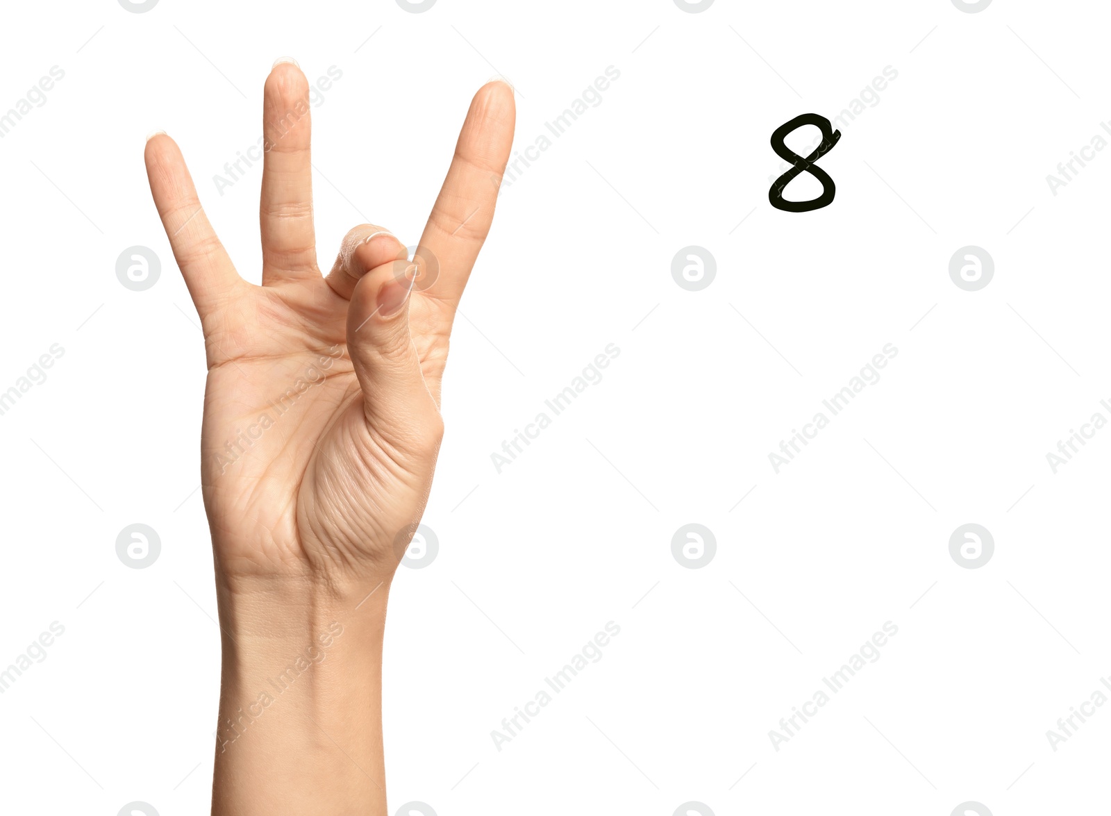 Image of Woman showing number eight on white background, closeup. Sign language