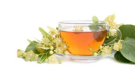 Photo of Cup of tea, linden leaves and blossom on white background