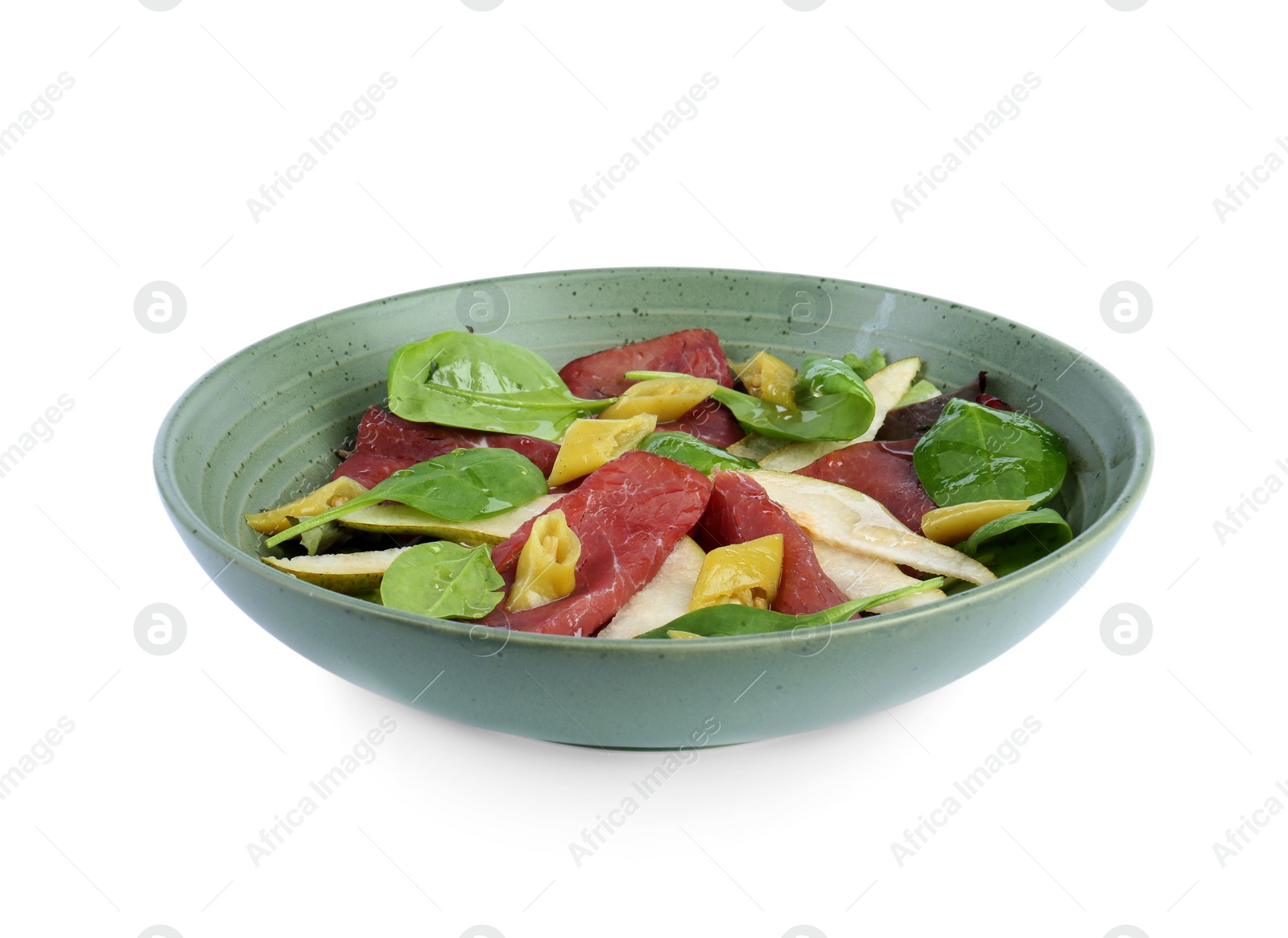 Photo of Delicious bresaola salad in bowl isolated on white