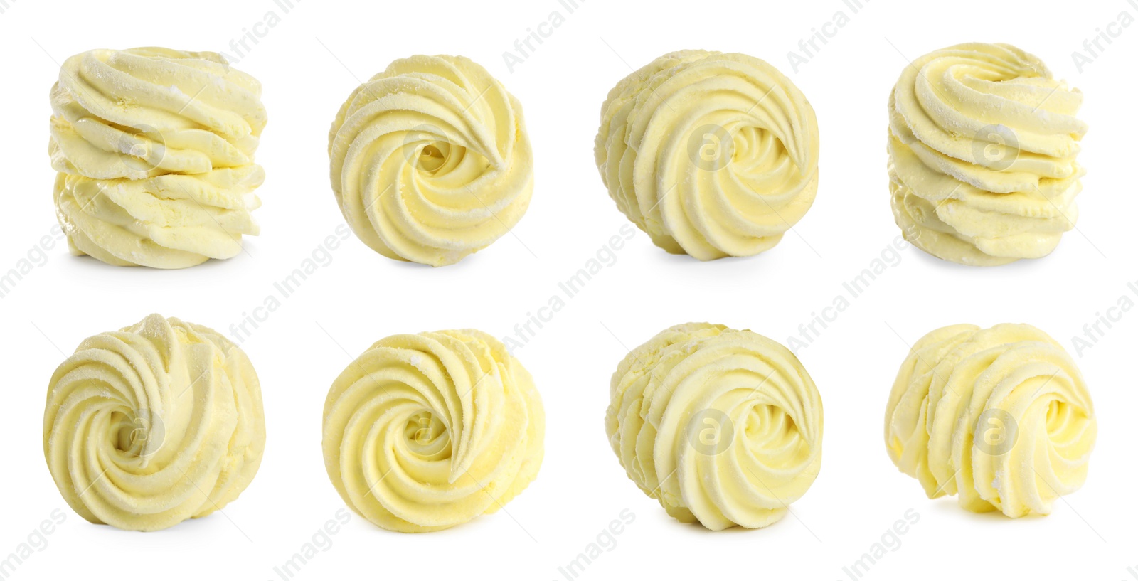 Image of Set with tasty zephyrs on white background. Banner design 