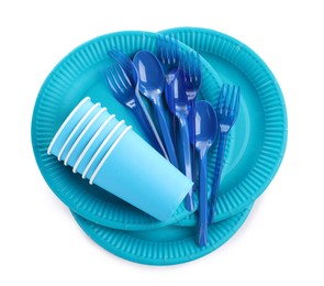 Photo of Setdisposable tableware on white background, top view