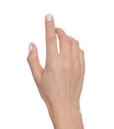 Woman pointing at something against white background, closeup on hand