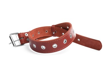Photo of Brown leather dog collar isolated on white