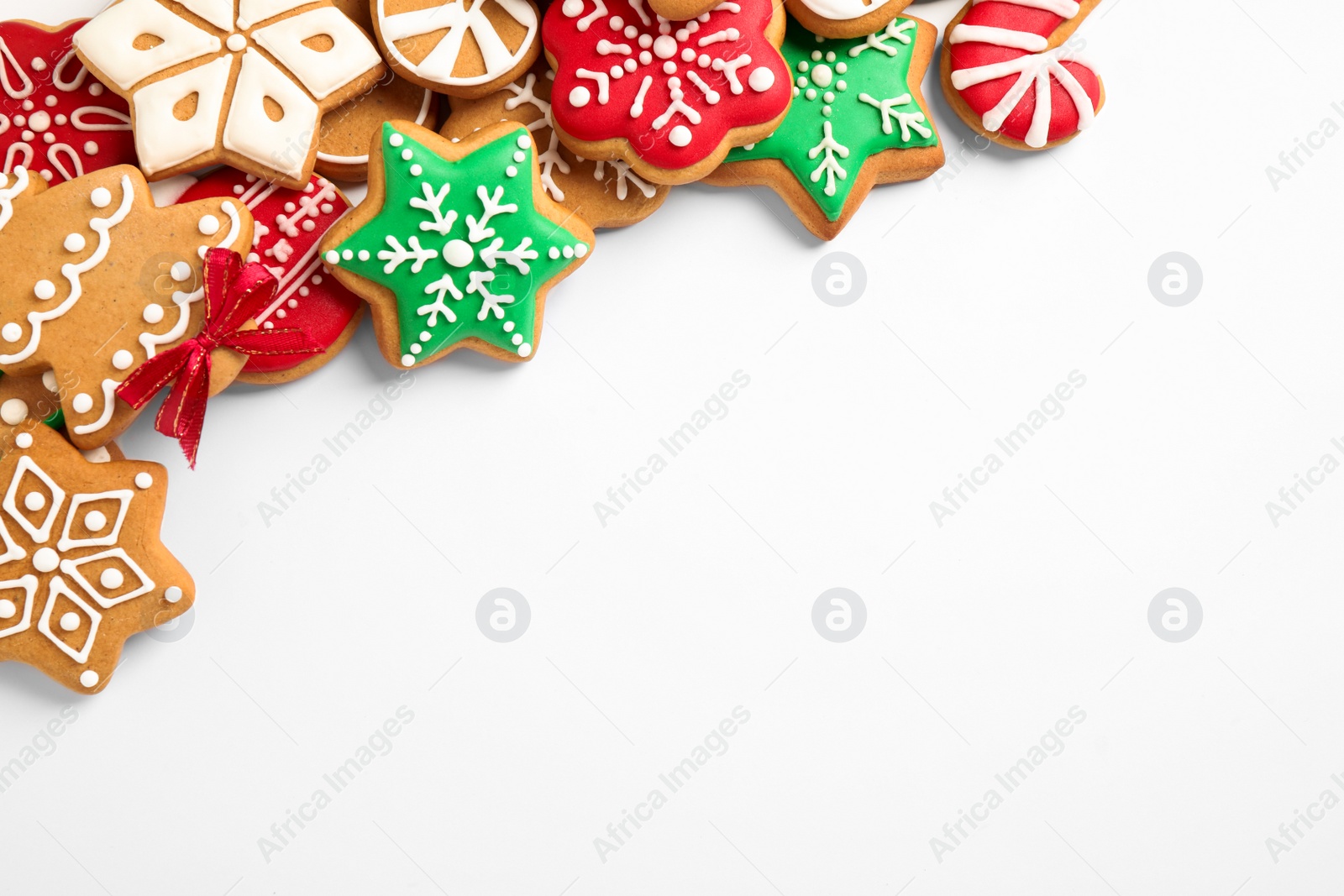 Photo of Tasty homemade Christmas cookies on white background, top view