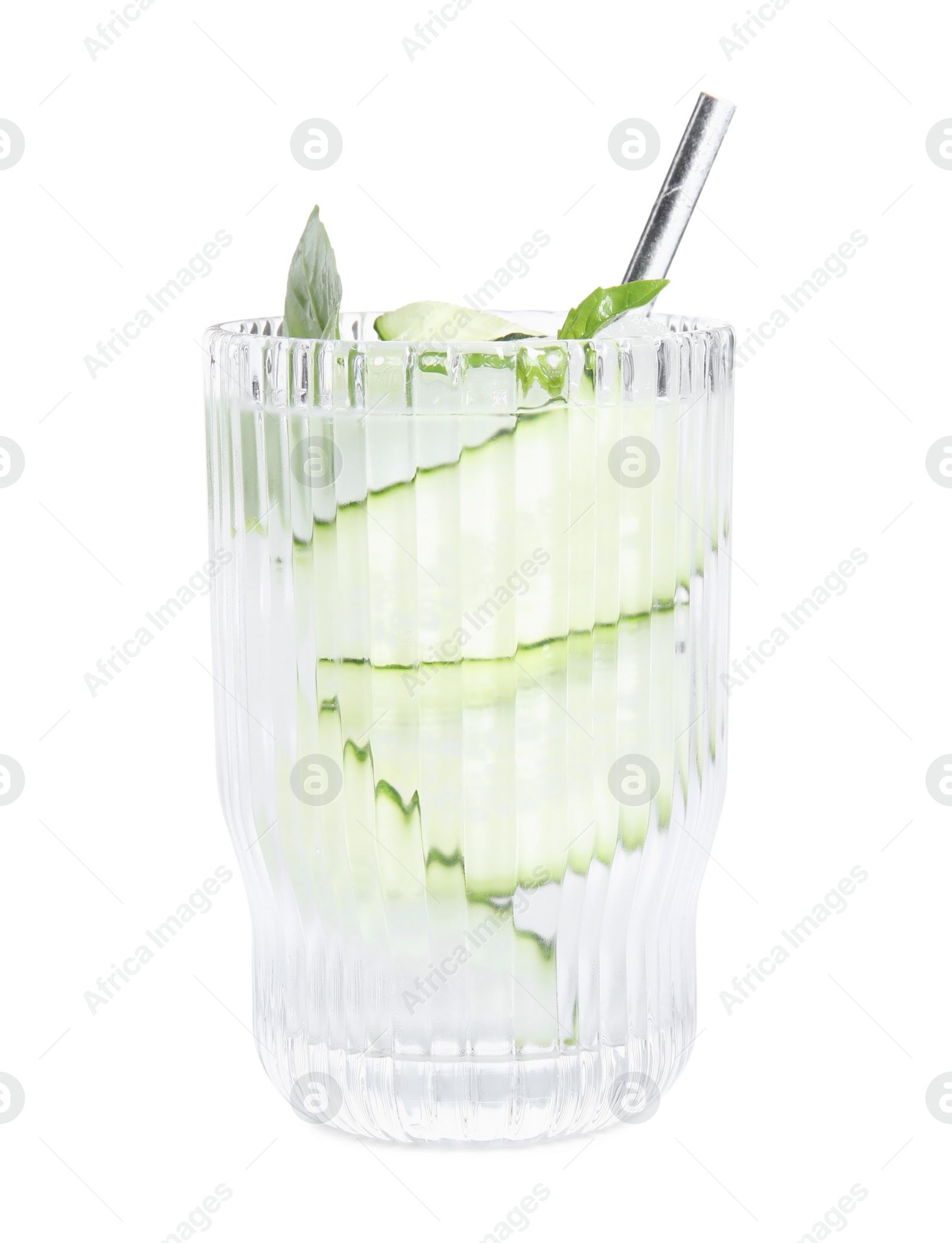 Photo of Refreshing cucumber water with basil in glass isolated on white