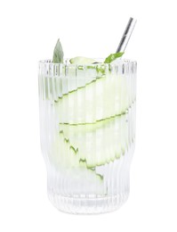 Photo of Refreshing cucumber water with basil in glass isolated on white