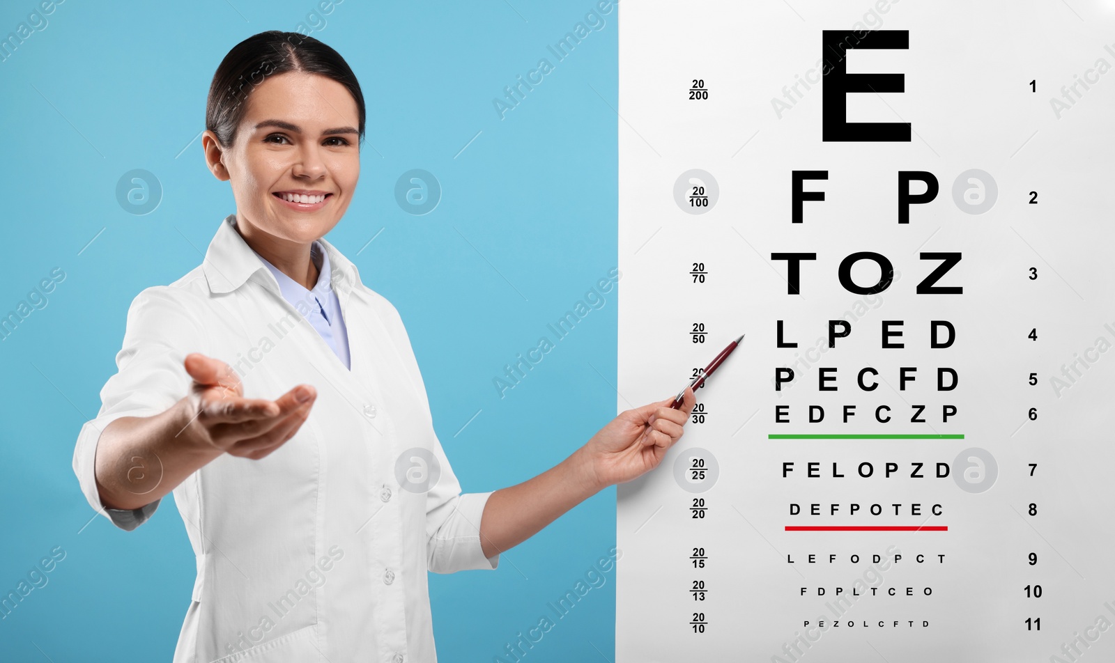 Image of Ophthalmologist pointing at vision test chart on light blue background, banner design