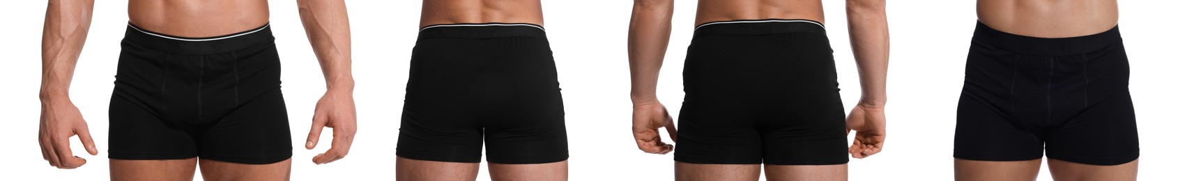 Man in stylish black underwear on white background, set of closeup photos