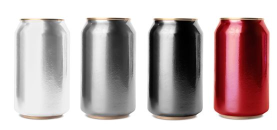 Image of Set with aluminium drink cans in different colors on white background. Banner design