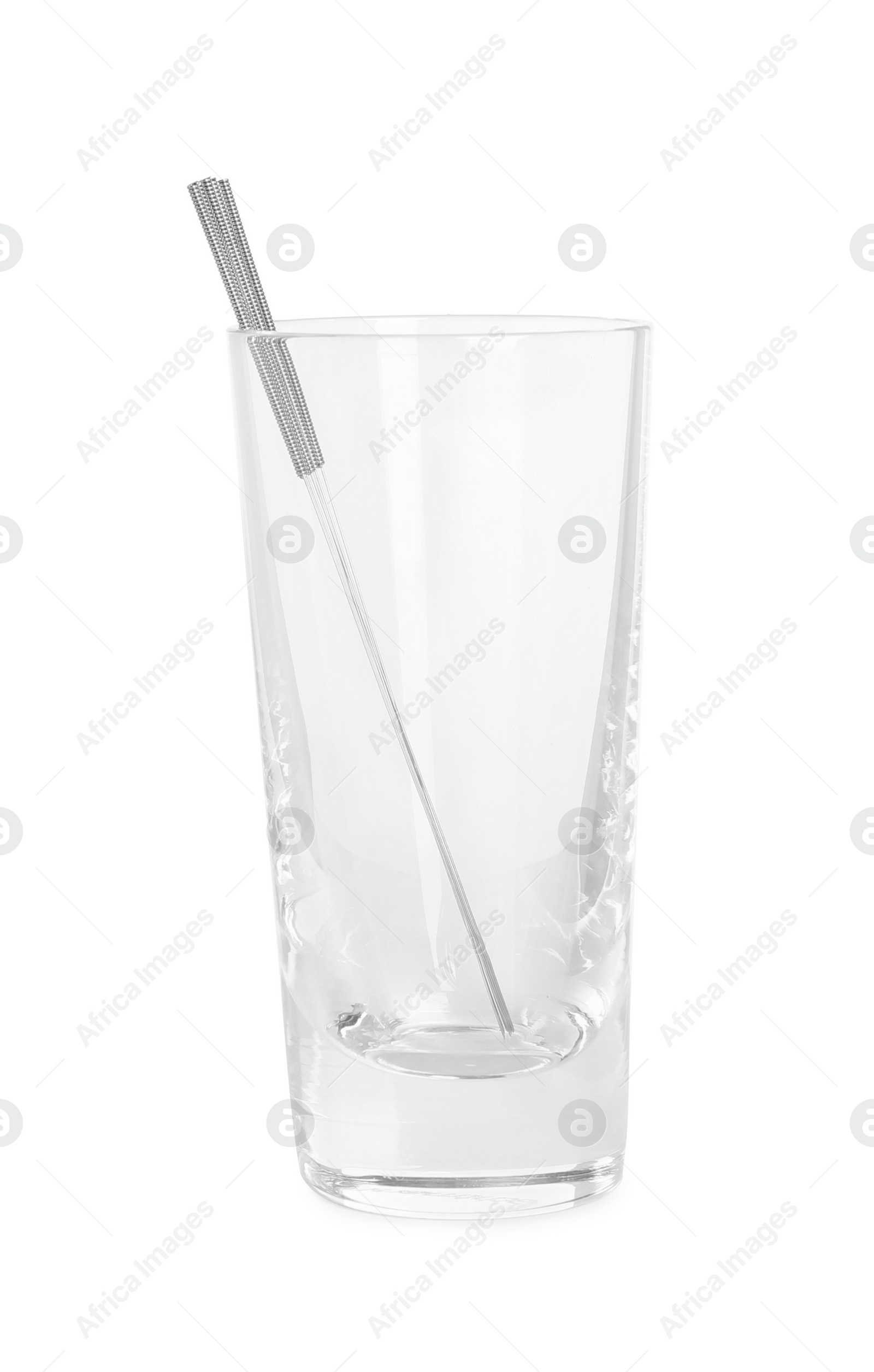 Photo of Many needles for acupuncture in glass on white background