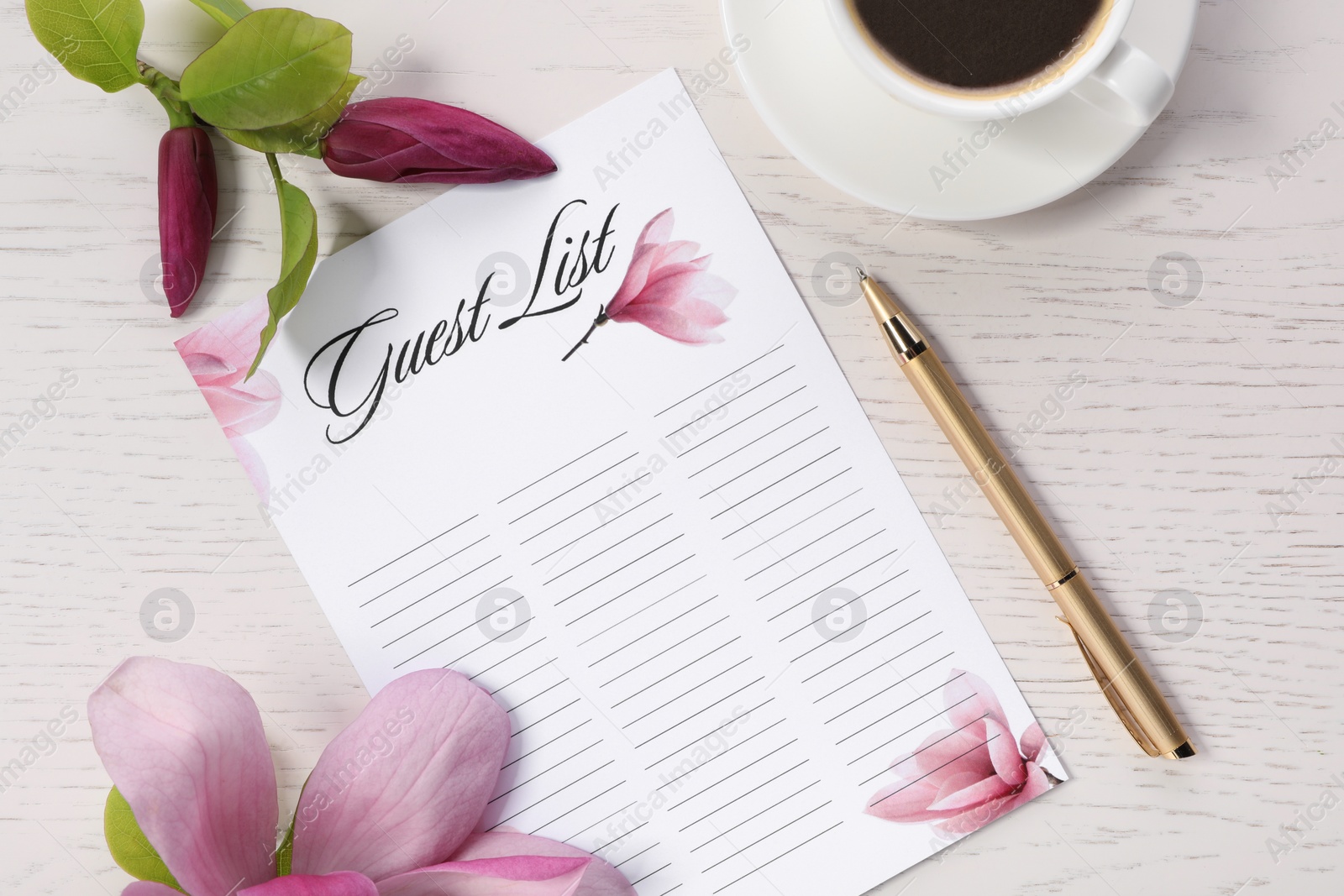 Photo of Guest list, coffee, pen and beautiful flowers on white wooden table, flat lay. Space for text