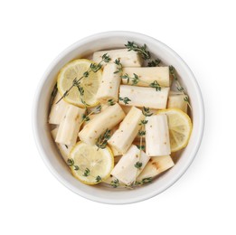 Photo of Dish with raw salsify roots, lemon and thyme isolated on white, top view