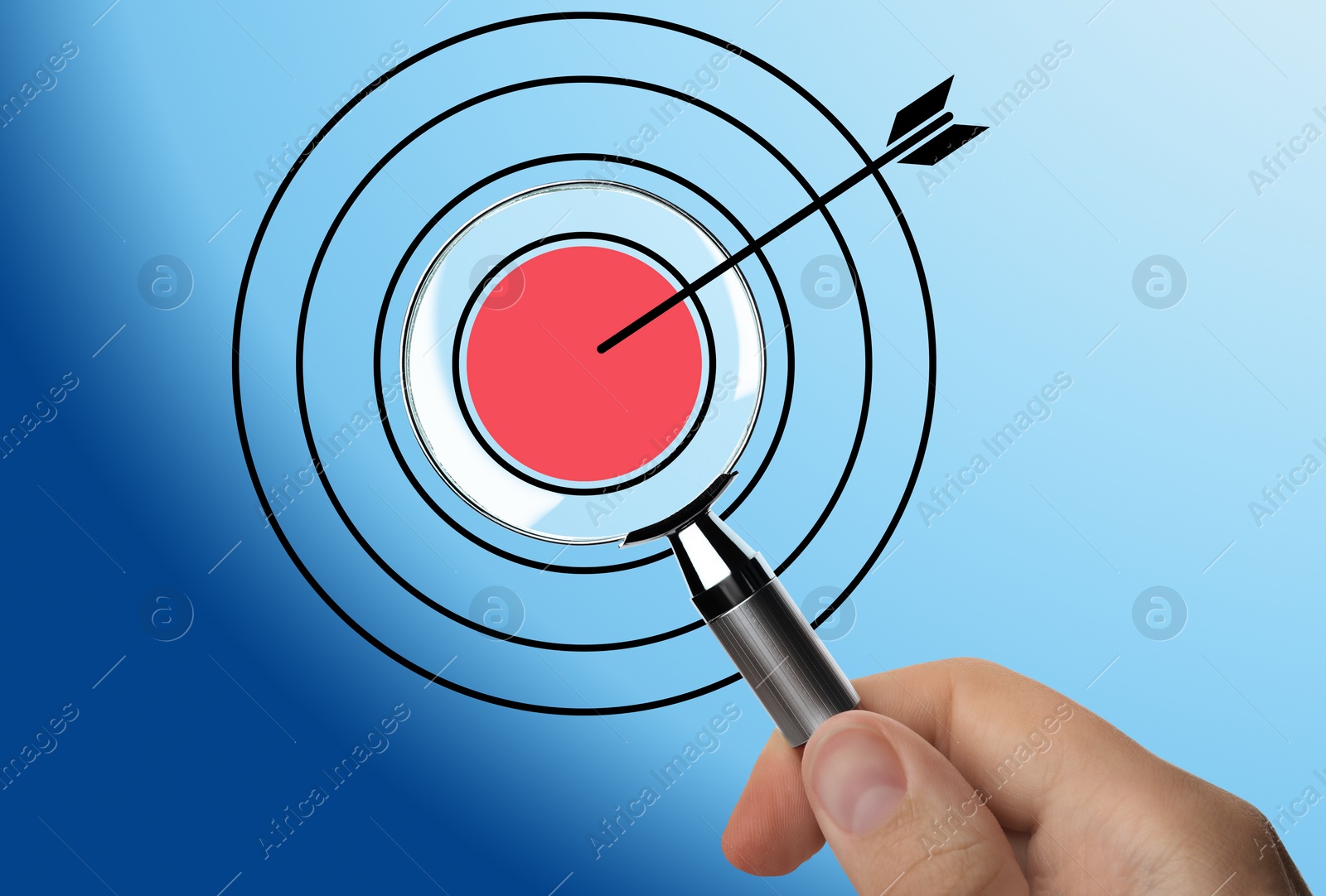 Image of Woman holding magnifying glass on light blue gradient background, closeup. Illustration of target and arrow