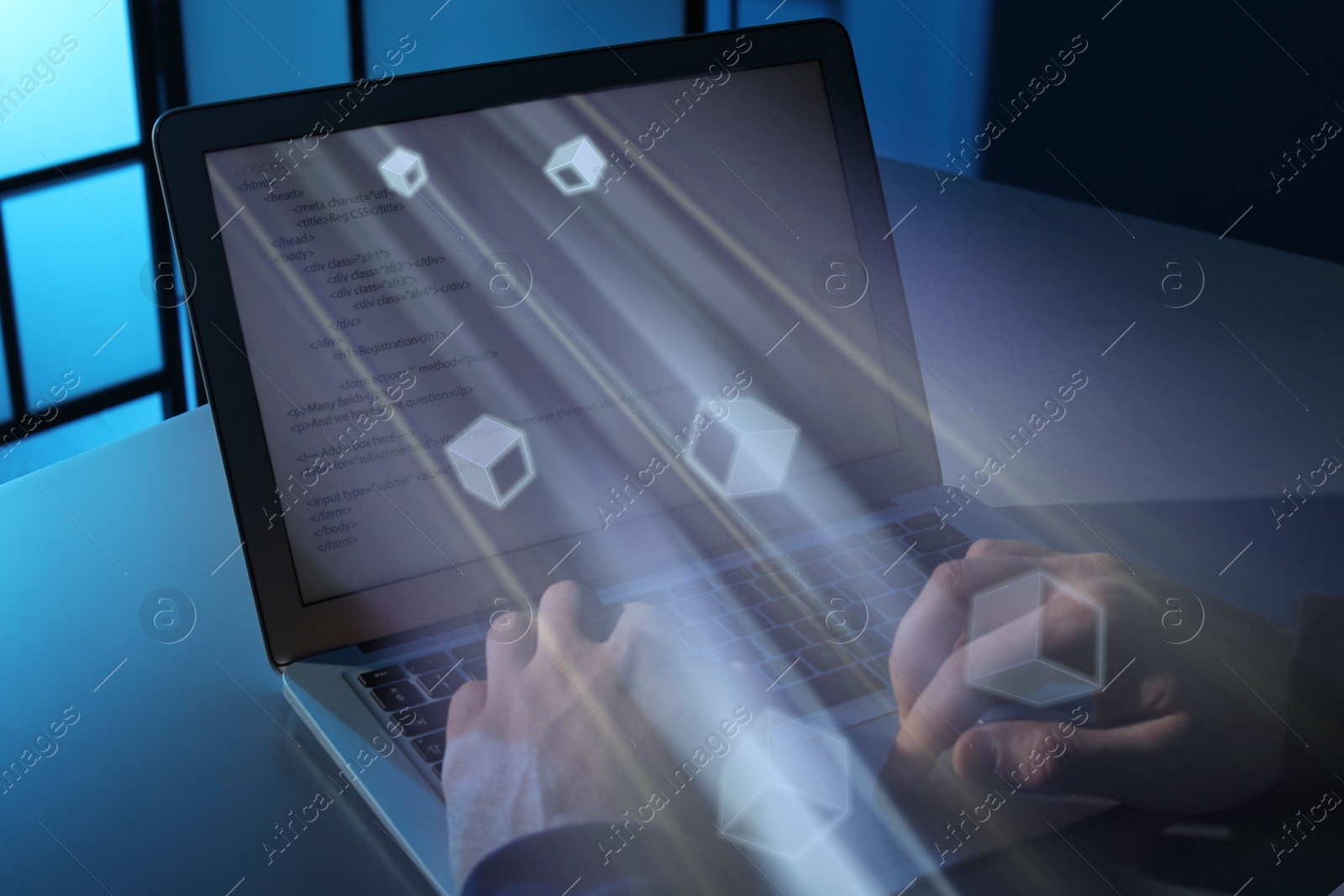 Image of Speed internet. Man using laptop at table in dark room, closeup. Motion blur effect symbolizing fast connection