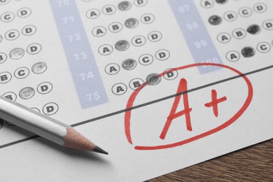 School grade. Answer sheet with red letter A, plus symbol and pencil on wooden table, closeup