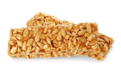 Photo of Delicious sweet kozinaki bars on white background