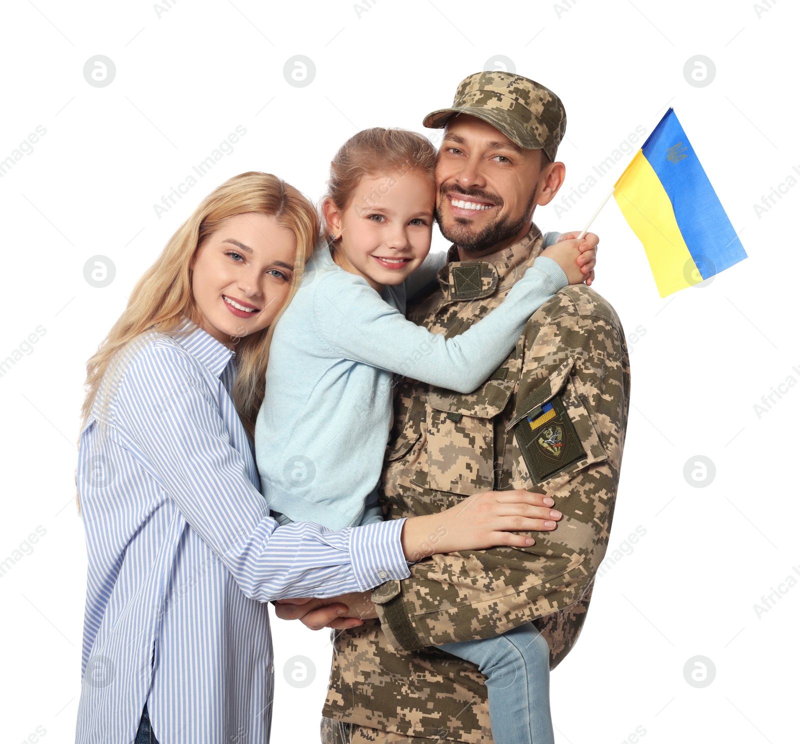 Photo of Soldier in military uniform reunited with his family and Ukrainian flag on white background