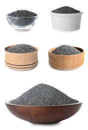 Image of Set of bowls with poppy seeds on white background