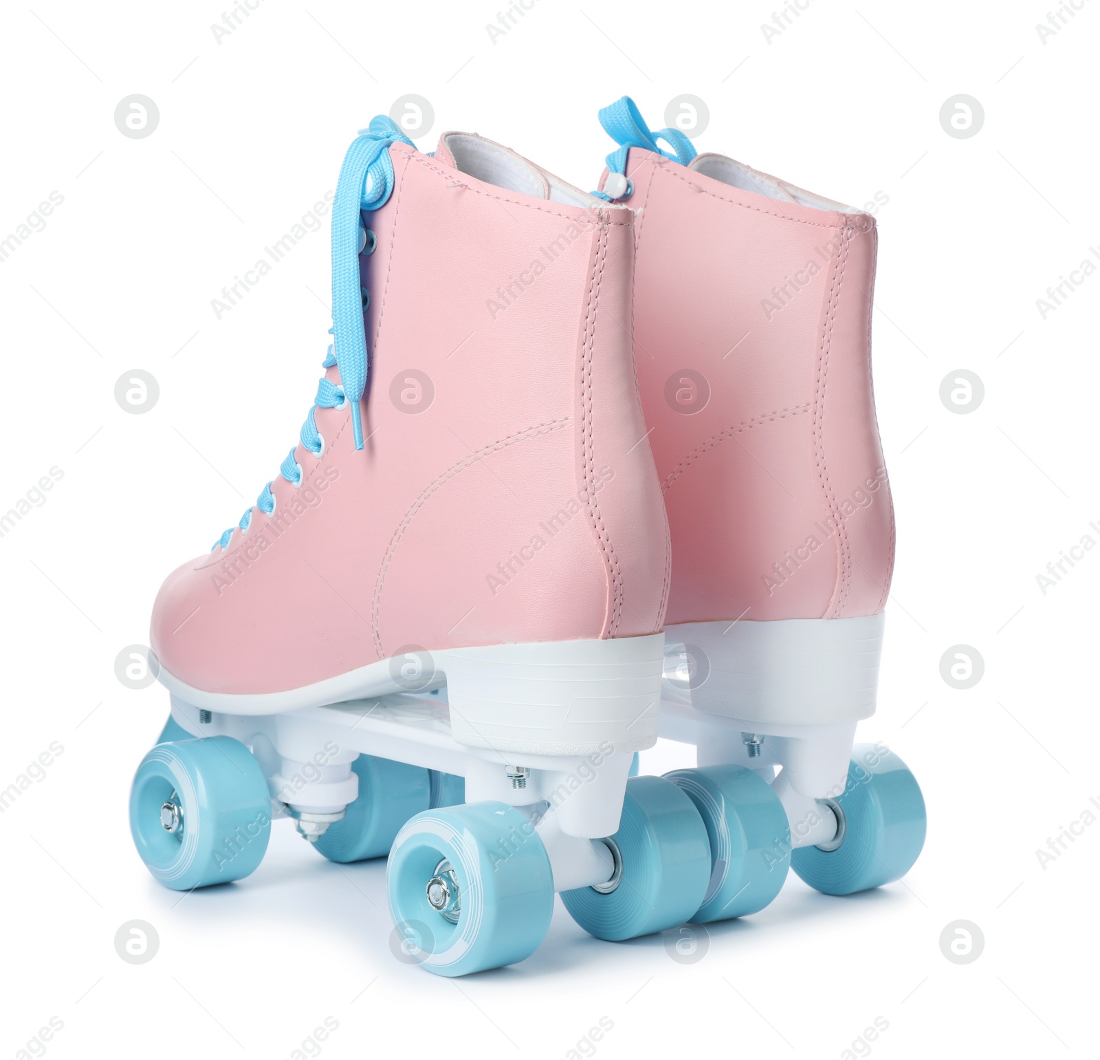 Photo of Pair of stylish quad roller skates on white background