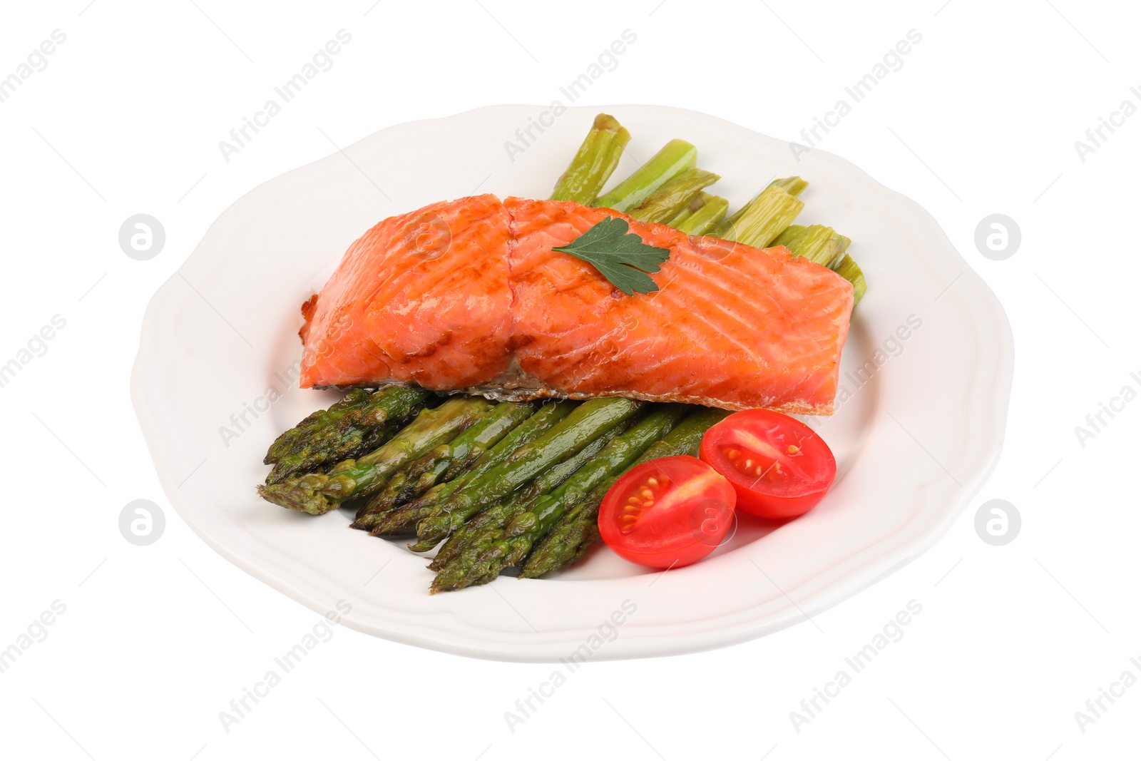 Photo of Tasty grilled salmon with tomatoes and asparagus isolated on white