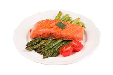 Photo of Tasty grilled salmon with tomatoes and asparagus isolated on white