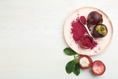 Purple mangosteen powder and fruits on white wooden table, flat lay. Space for text