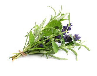 Bunch of fresh aromatic herbs on white background