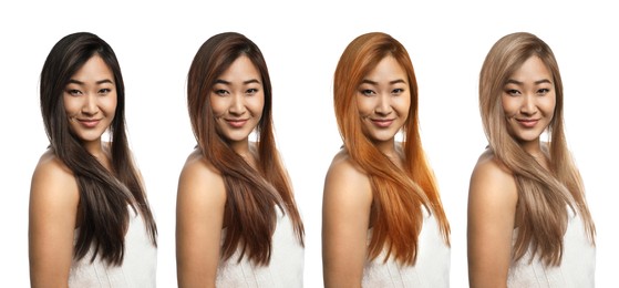 Image of Collage with photosbeautiful Asian woman with different hair colors on white background. Banner design
