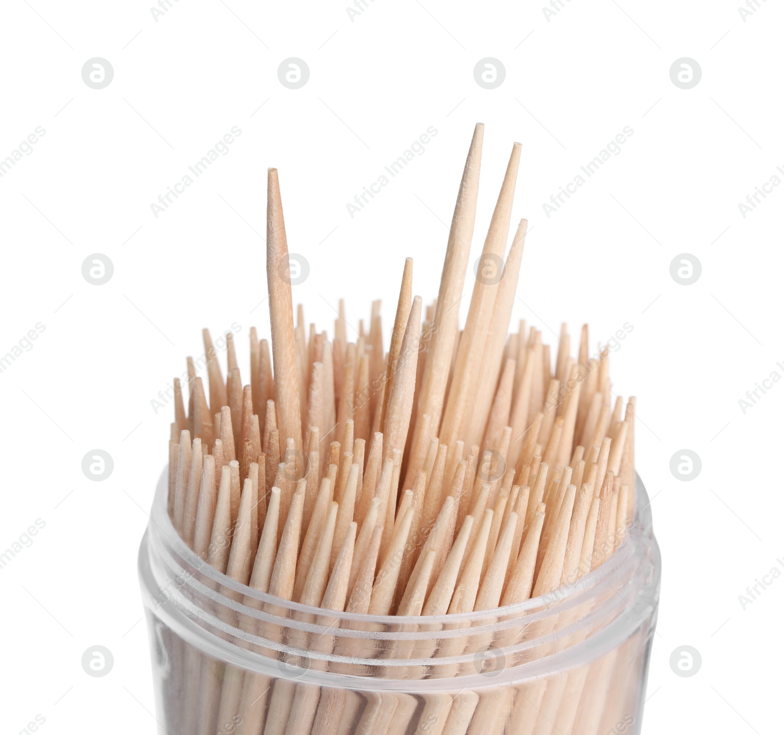 Photo of Wooden toothpicks in holder on white background, closeup