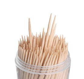 Wooden toothpicks in holder on white background, closeup