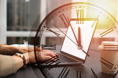 Woman and clock, double exposure. Time concept