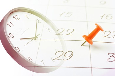 Image of Clock and calendar, double exposure. Time concept