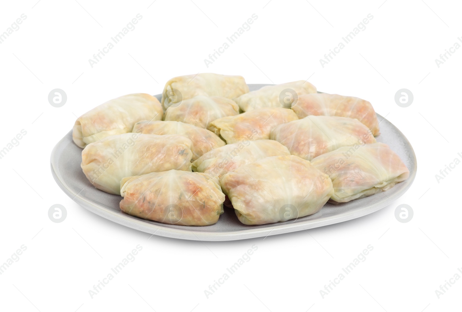 Photo of Uncooked stuffed cabbage rolls on white background