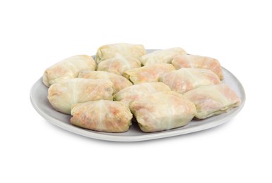 Uncooked stuffed cabbage rolls on white background