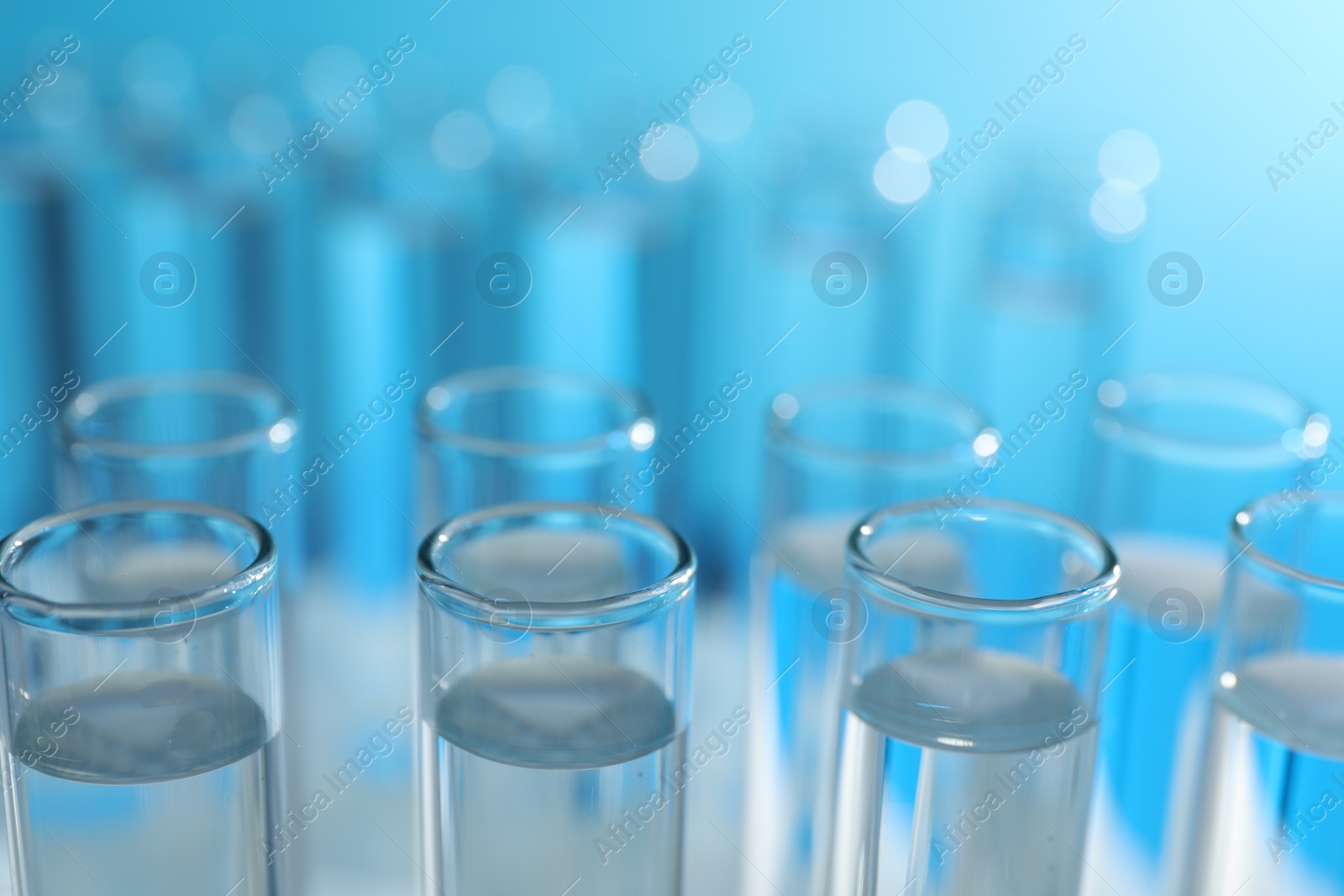 Photo of Many glass test tubes on light blue background, closeup