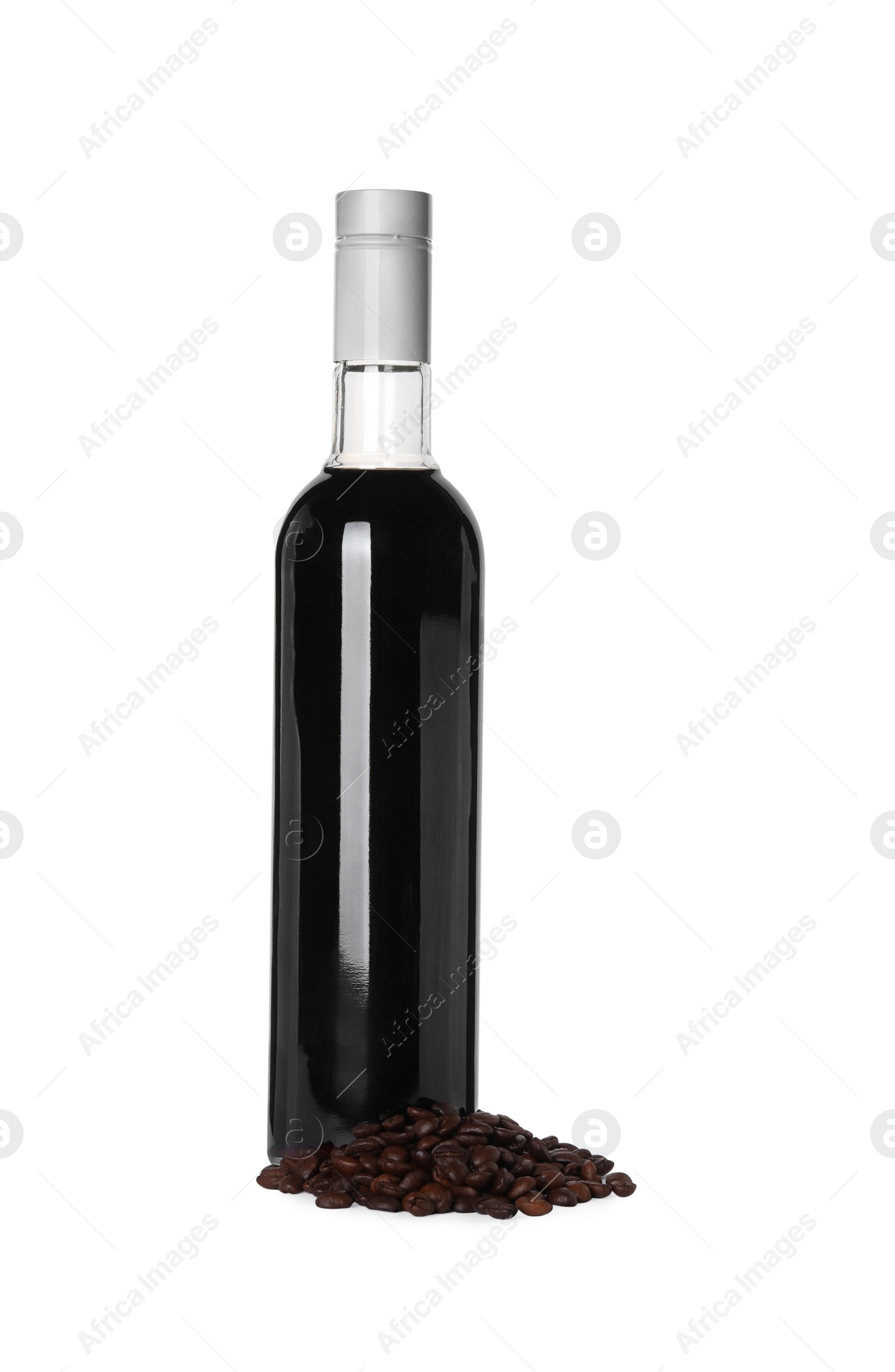 Photo of Delicious syrup and coffee beans on white background