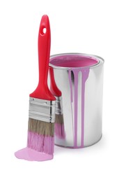 Photo of Can with pink paint and brush on white background