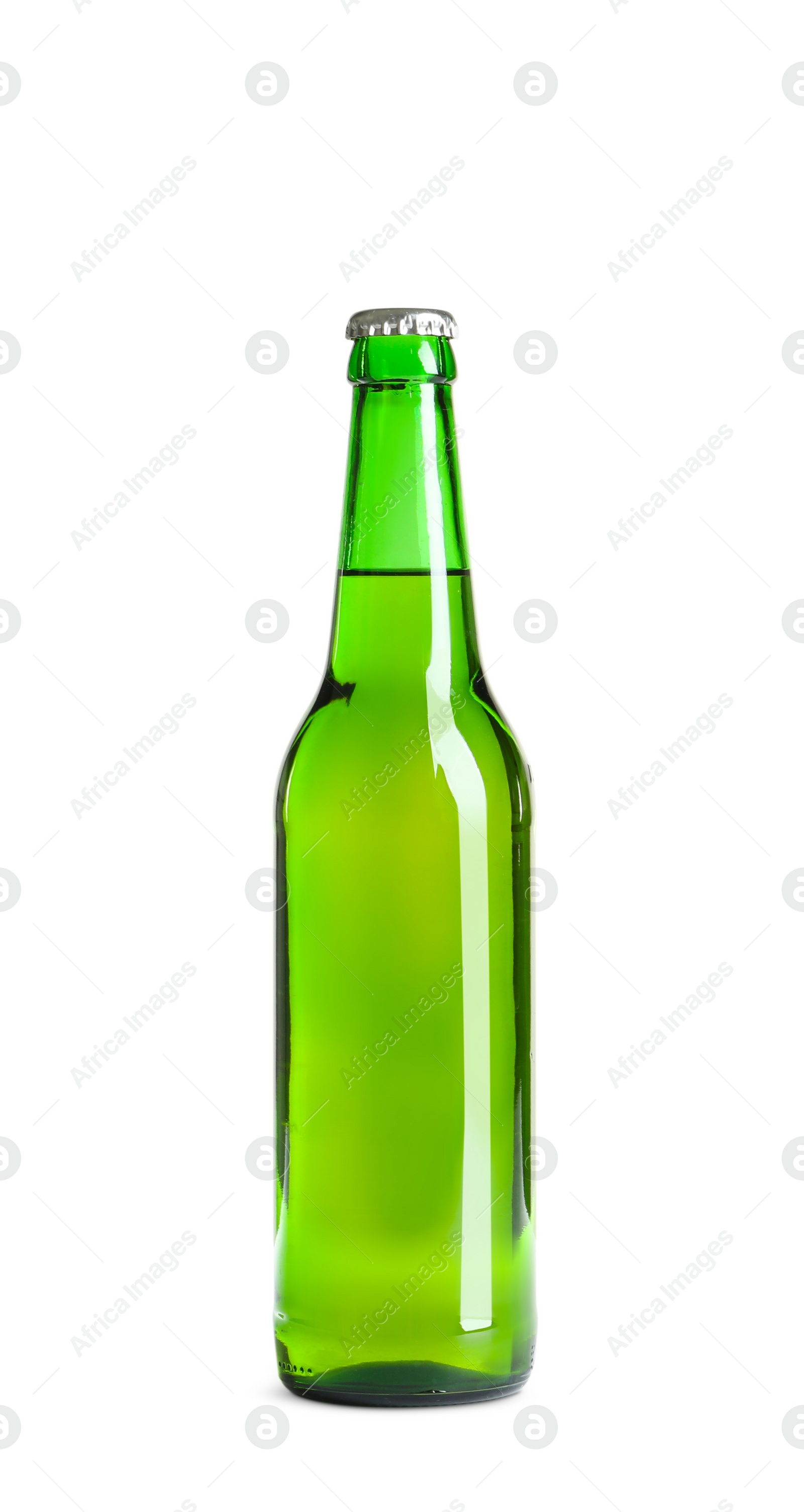 Photo of Bottle of tasty cold beer on white background