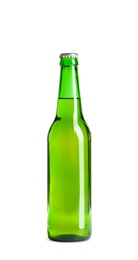 Photo of Bottle of tasty cold beer on white background