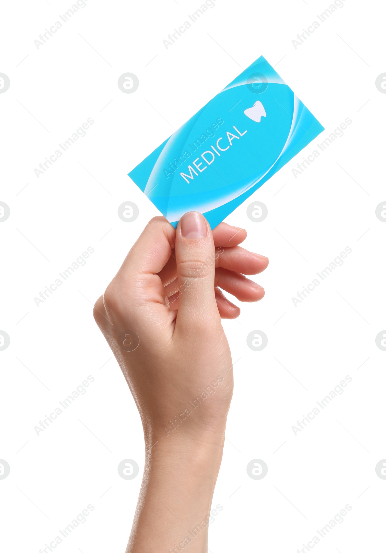 Photo of Woman holding business card isolated on white, closeup. Dental medical service