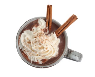 Photo of Cup of delicious hot chocolate with whipped cream and cinnamon sticks isolated on white, top view
