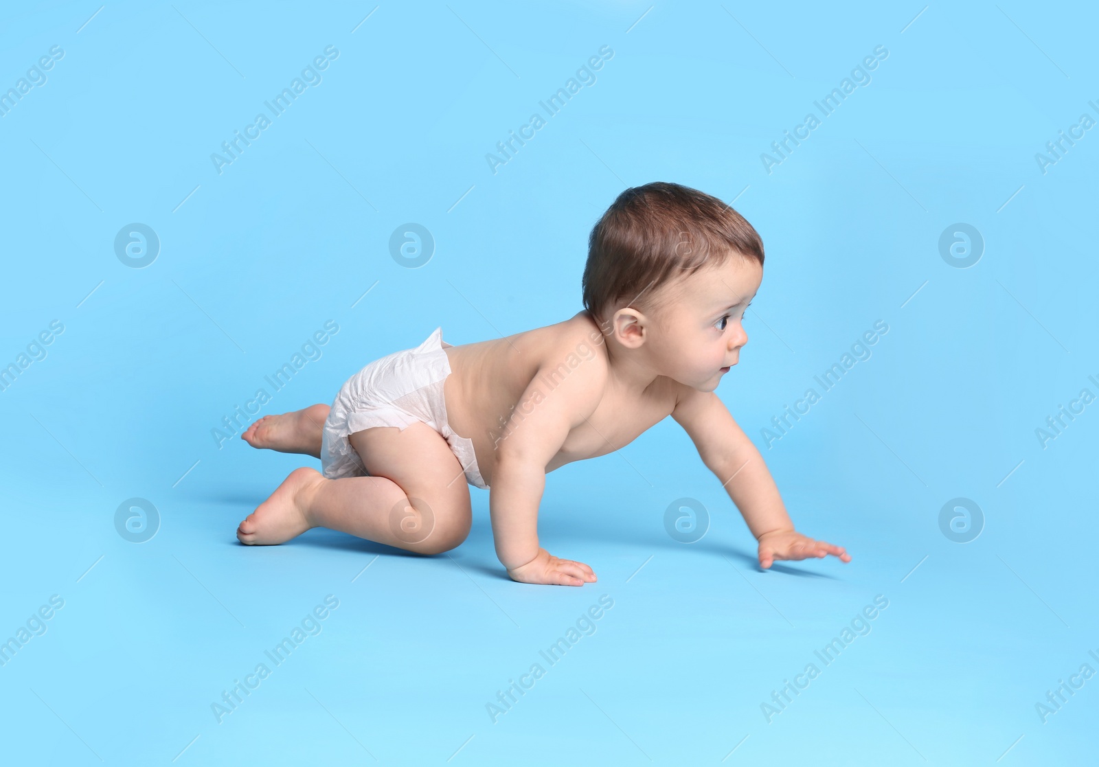 Photo of Cute baby in dry soft diaper crawling on light blue background