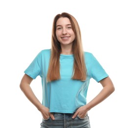 Photo of Portrait of smiling woman with dental braces on white background