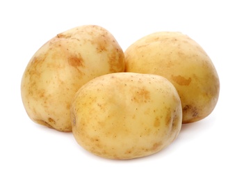 Photo of Delicious young raw potatoes isolated on white