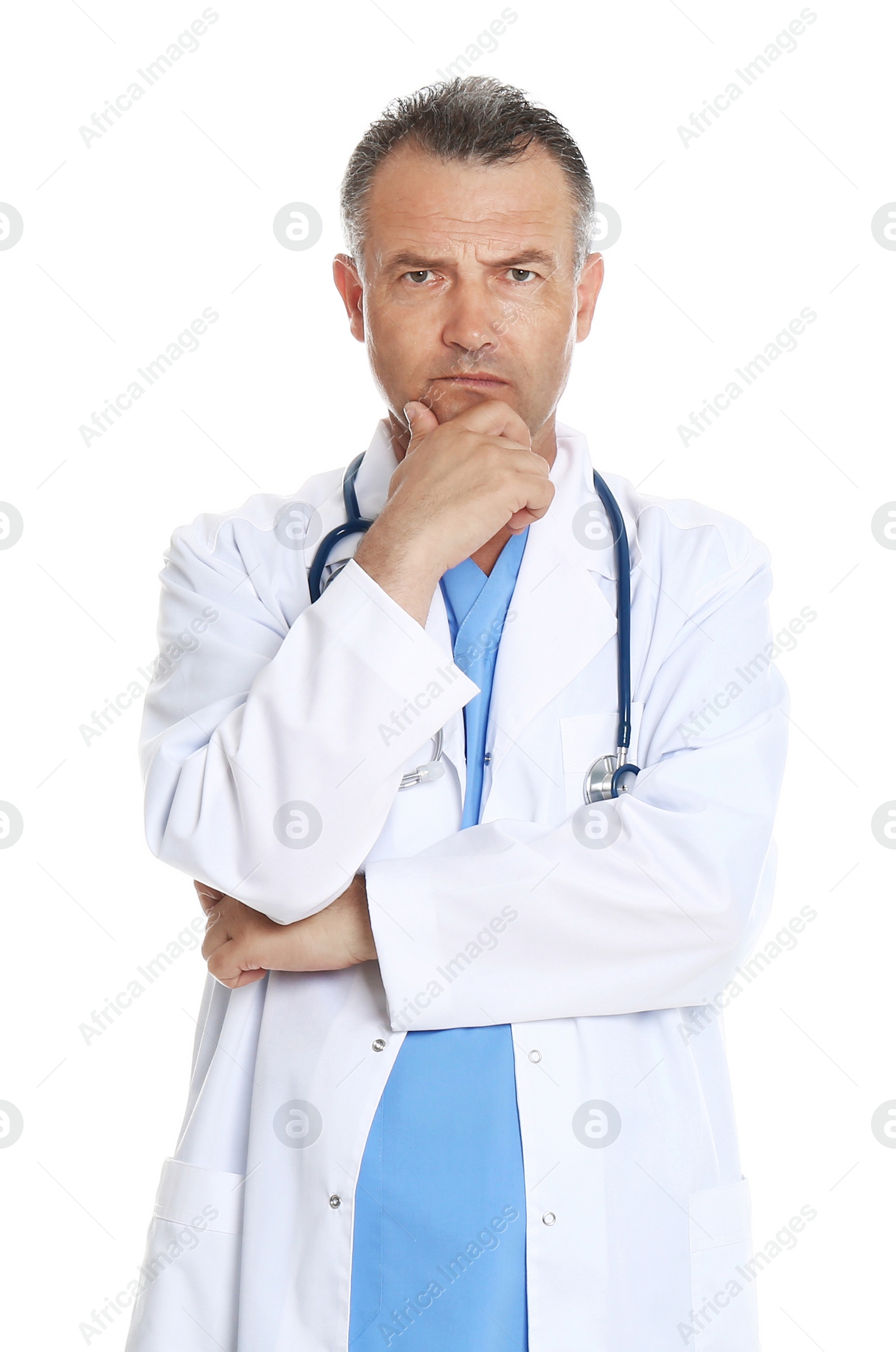 Photo of Portrait of experienced doctor in uniform on white background. Medical service