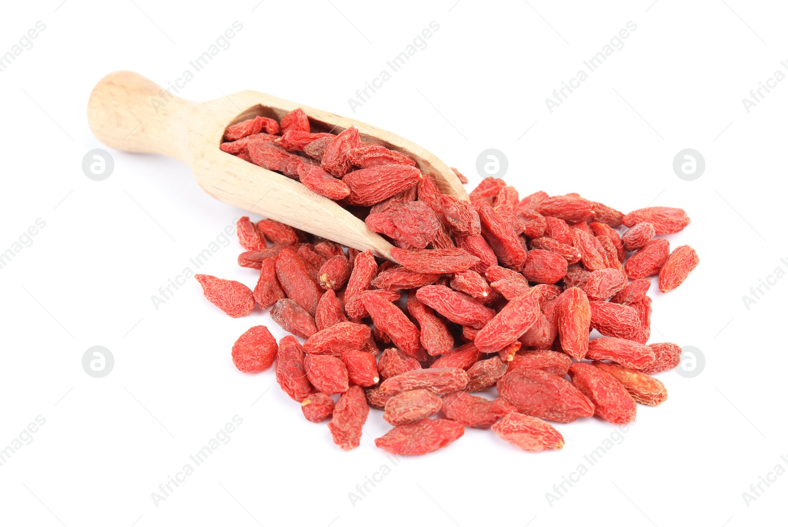 Photo of Wooden scoop with dried goji berries on white background