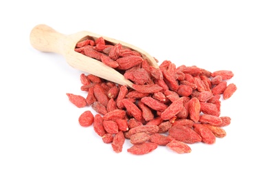 Photo of Wooden scoop with dried goji berries on white background