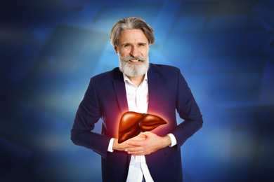 Image of Sick mature man suffering from pain and illustration of inflamed liver on color background. Hepatitis disease