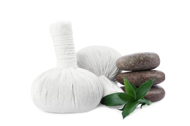 Photo of Herbal massage bags, green plant and spa stones on white background