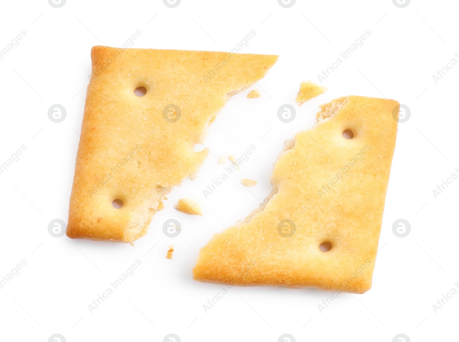 Photo of Crispy broken cracker isolated on white, top view